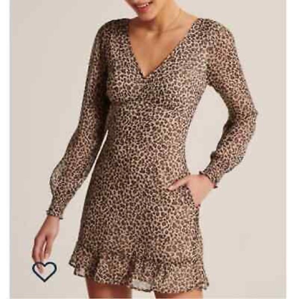 Abercrombie & Fitch Leopard Print Ruffle Hem Long Sleeve Mini Dress